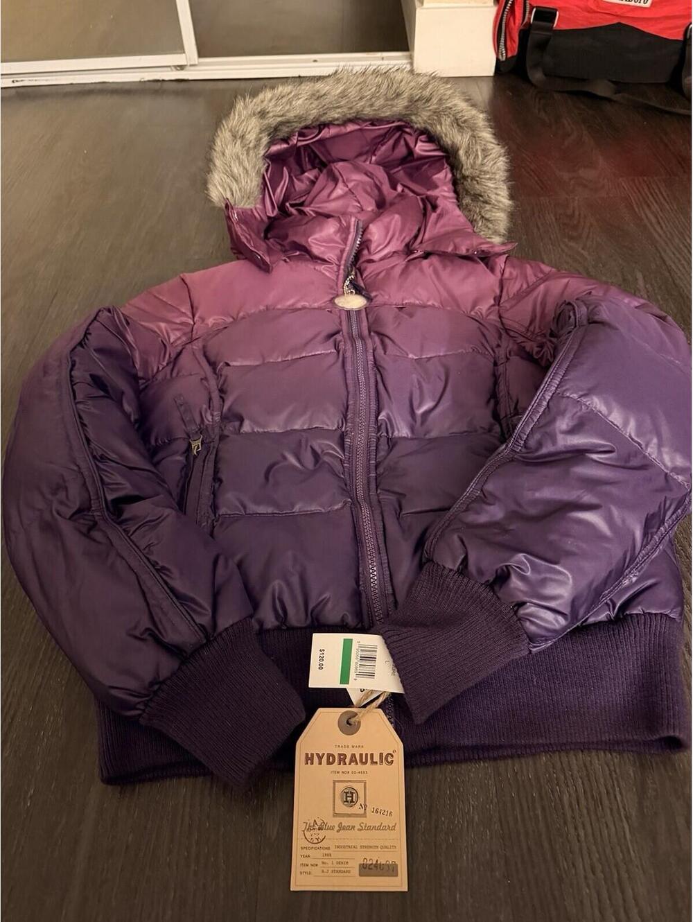 NWT Hydraulic Woman's Hooded Puffer Jacket Full Zip Purple Faux Fur Trim L